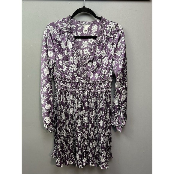 Cato Womens Floral Dress Womens Medium Purple White Pleated Ruffle Stretch - Picture 1 of 8